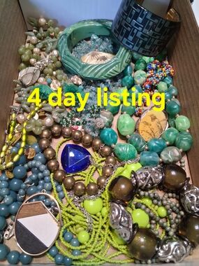 Assorted Green  Blue Statement Mystery Jewelry Lot Jar Bracelet Pendants Vintage
